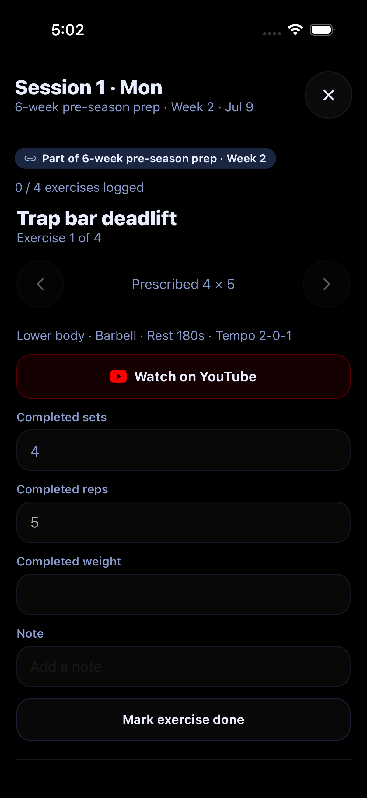 OneWave patient app: workout session logging